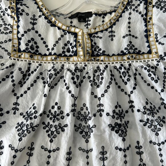 J Crew Embroidered Eyelet Flutter Top Blouse Shirt White Black Gold Small - Picture 7 of 9